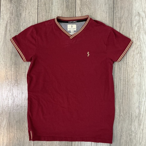 Scott James V-Neck T-Shirt Striped Trim Casual Tee Small - Picture 5 of 6